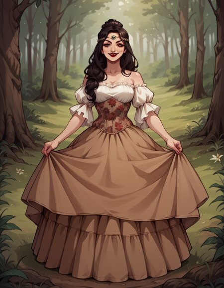 score_9, score_8_up, score_7_up, score_6_up, score_5_up, score_4_up, source_anime, 1girl, long black updo hair, full body, smile, makeup, red lipstick, hud_forest_fairy_dress, white and brown dress, puffy sleeves, brown floral corset, silver circlet, bare shoulders, wings, <lora:forestfairyxlp_epoch_8:0.8>,