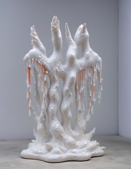 sculpture made of Delicate porcelain shards,geometric patterns ethereal fabric wisps, suspended in midair, ghostly whispers, fragmented memories, surreal elegance, ephemeral existence, haunting beauty, colorful , Architectural Digest Fashion Feature,(Keresztes:1.3), hyperrealistic, photorealistic,