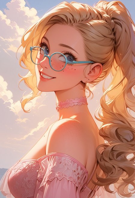 score_9, score_8, score_7, score_6, rating_explicit, source_anime, cowboy shot, Expressiveh, high definition, detailed, retroscifi, 1women, very cute, cute:1.2, 
Blonde, long hair, clear eyes, blue eyes, freckles:0.5,  mole, beauty mark, 
ponytail, glasses, choker,
Pink lingerie, 
hotel room,
looking at viewer, smiling, teeth, bracelet, photo, sky, at night, finger_number, abstract background