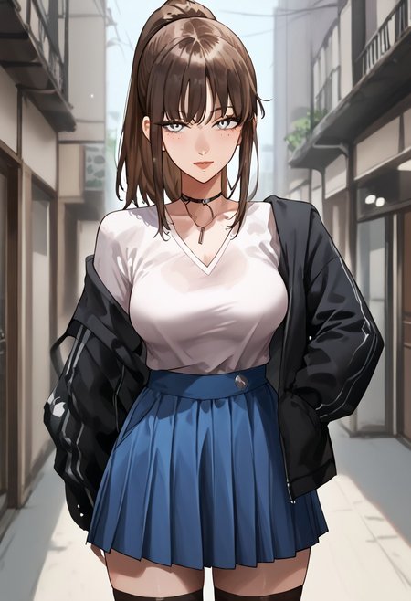 score_9, score_8_up, score_7_up, score_6_up, 1girl, micchan, mature women, older women, medium hair, side-swepped bangs, brown hair, ponytail, grey eyes,  medium breasts, pale skin, solo, alone, pullover, skirt, stockings