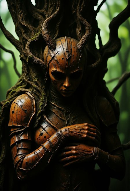 rootform, rootform, Extreme helmet focus Closeup, The image is a photograph of a detailed, intricately carved wooden sculpture of a Fantasy dressed Wood Knight emerging from the trunk and roots of a tree. The sculpture is positioned centrally within the frame, with a rich, earthy brown bark texture that blends seamlessly with the natural tree bark. The figure's body is partially hidden within the twisted, gnarled roots of the tree, giving the illusion of her being a part of the tree itself. . The armor is blending with the tree bark, making it difficult to discern where the tree ends and she begins. His wooden armor adorned with Moss and vines. His hands raised, adding to the sense of calm and introspection. The tree's branches and roots are intricately carved, forming a natural, organic frame around her body, emphasizing the symbiotic relationship between the knight and the tree. The background is a soft focus of lush, green foliage, suggesting a forest setting, which enhances the natural, earthy theme of the artwork.. Its skeletal, elongated body and unnaturally thin limbs seem to extend into the gloom, their gnarled ends twisting like grasping tendrils. The head, disproportionately large and disturbingly featureless, features an open hollow cavity where a face should be, exuding an air of menace. Thin, elongated fingers stretch outward, as if clawing through the fog, giving the impression that the figure is searching or reaching out for something unseen.