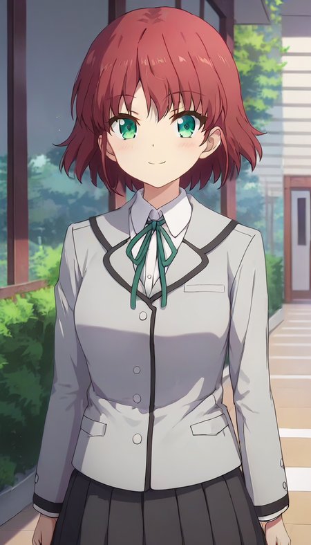 score_9,score_8_up,masterpiece,best quality,correct anatomy,anime_source,1girl,solo,perfect eyes,perfect arms,perfect legs,perfect face,outdoors,upper body,(portrait:1.5),looking at viewer,facing viewer,smile,blush,Mishima,red hair,short hair,sidelocks,bangs,green eyes,school uniform,grey jacket,blazer,collared shirt,white shirt,neck ribbon,green ribbon,long sleeves,medium breasts,miniskirt,black skirt,pleated skirt,white socks,loafers,black footwear,<lora:Mishima(cl)-Pony:1.4>,