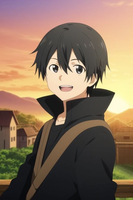 high resolution, professional photography, best quality, 1Boy, Kazuto Kirigaya, Black Hair, Black Eyes, potrait, laughing, very happy, half body, village, sunset, looking at viewer,,