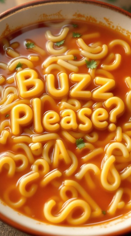"Create a mouth-watering, hyper-realistic image of a steaming hot bowl of alphabet soup, with noodles that spell out the phrase 'Buzz Please?' in a playful, whimsical way. The soup should be depicted in exquisite detail, with a rich, savory broth and tender, perfectly cooked noodles that seem to float on the surface. The alphabet noodles should be arranged in a clever, artistic way, with each letter carefully crafted to spell out the phrase in a clear, easy-to-read font. The bowl should be rendered in intricate detail, with a warm, comforting glow that seems to emanate from within. The overall effect should be one of appetizing, nostalgic charm, as if the viewer is being transported back to a cozy, comforting meal from their childhood."