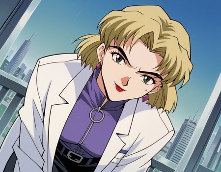 score_9, score_8_up, score_7_up, source_anime,
ritsukoakagi,  <lora:ritsuko-akagi-classic-ponyxl-lora-nochekaiser:1>,
ritsuko akagi, short hair, blonde hair, mole, mole under eye, parted bangs, green eyes,
lipstick, skirt, jewelry, pantyhose, earrings, belt, pencil skirt, labcoat, shirt, purple shirt, turtleneck, zipper,
cityscape, bent over, smile,
cowboy shot, looking at viewer, solo, dutch angle,