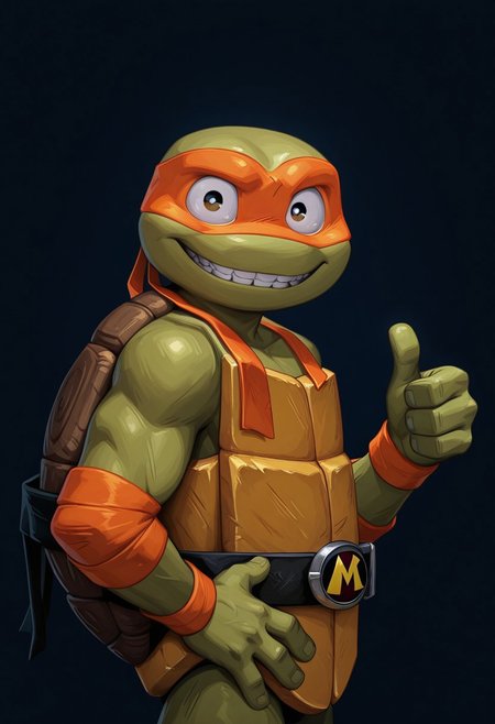 1boy, mikey, orange mask, teeth braces, upper body, looking at viewer from side, from front, thumbs up, hand on hips, tmnt,