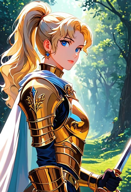 1girl, weapon, armor, sword, blue eyes, holding weapon, solo, blonde hair, holding sword, looking at viewer, cape, holding, forest, long hair, white cape, nature, shoulder armor, ponytail, gold armor, gloves, breastplate, outdoors, nose, pauldrons, tree, from side, blurry background, closed mouth, blurry, knight, bush, plate armor, wavy hair, vambraces, black gloves, gauntlets, upper body, standing, faulds, two-handed, earring, reflection, 
rimixa,,  <lora:Ri-MIX_A_Illustriousv-000010:1>, masterwork, masterpiece, best quality, dynamic lighting , dynamic pose,,  dynamic angle, lips, nose
