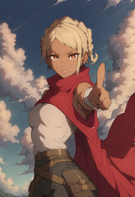 score_9, score_8_up, score_7_up, score_6_up, 1girl, looking at viewer ,arched back, finger gun, (pointing at viewer), kurenai_deca, blonde hair, red eyes, braid, earrings, scarf, dark-skinned female, red cape, shorts,  belt, sky, cloudy, outdoors, wind,<lora:kurenai_deca:1> <lora:MoriiMee_Gothic_Niji_Style__Pony_LoRA_V2_Alt:0.5> morimee_style, <lora:princess_xl_v2:0.5>