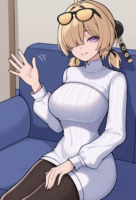 newest, solo, 1girl, smile, looking at viewer, sitting, on couch, hand on own thigh, hand up, waving, short hair, blonde hair, ahoge, hair over one eye, hair bun, bun cover, low twintails, short twintails, sunglasses, eyewear on head, purple eyes, white sweater, sweater dress, ribbed sweater, turtleneck sweater, long sleeves, black pantyhose, large breasts, indoors, living room
<segment:yolo-Anzhc Face seg 640 v3 y11n.pt,0.5,1//cid=11>