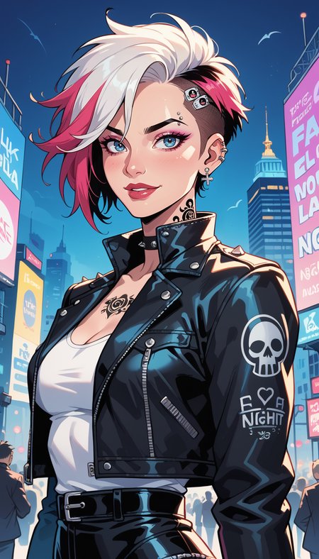 score_9, score_8_up, score_7_up, Western Comics, Portrait, girl, punk, cute, seductive, innocent, light smile:0.3, plump lips, slender body, very short hair, multicolored hair, in high detailed textured black leather jacket, piercing, small tattoo, most iconic photo, London night background, depth of field, dynamic angle, fashion photography, sharp, hyperdetailed:1.15