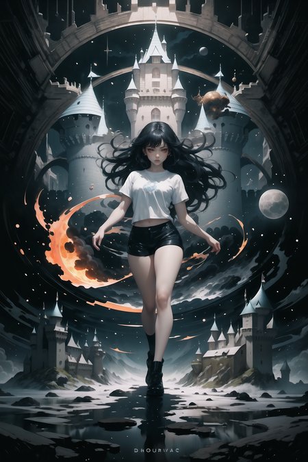 High Quality, Masterpiece, <lora:AnzhcDreamwave v3_1 watermark fix:1>, anzhcdreamwave, aesthetic, 8k unreal engine photorealism, ethereal lighting, purple, nighttime, darkness, surreal art, fantasy, glowing, black hair, long hair, red eyes, shirt, white shirt, shorts, short shorts, black shorts, cloud, moon, Hogwarts, (castle hill:1.4), night sky, stand on street, shooting star, (strong pose:1.4), full body, night, (dark environment), Blend swirling, whirlpool-like patterns of intense and contrasting colors, with spiraling motions and chaotic color interactions,