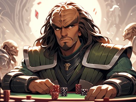 playing poker <lora:Klingon_v2_pony:1> score_9,score_8_up,score_7_up,score_6_up,score_5_up,score_4_up , 1man, kling0n alien, large forehead ridges, brown skin, large eyebrows, wearing warrior armor,