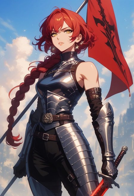 score_9, score_8_up, score_7_up, score_6_up, score_5_up, concept art, solo, 1girl, a female knight standing in battlefield, plate armour, dynamic pose, yellow eyes, long twin braid, red hair, sword, leather belt, sleeveless, delicate and smooth skin, perfect body, holding a banner, 
Expressiveh, SHSLG, TKMND
