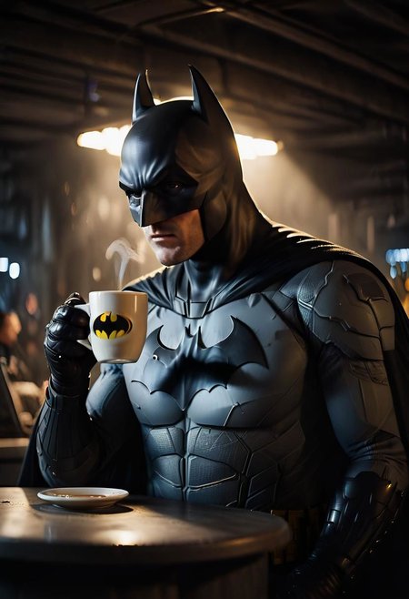 Michael Turner's lens captures an intimate scene of Batman drinking coffee in the Batcave. Sony A7III, dynamic lighting and precise color grading contribute to a stunning 6K, Ultra HD, Super Resolution image. Turner's expertise transforms this moment into an extraordinary and iconic portrait, an award-winning combination of glamor and realistic photography.ng_deepnegative_v1_75t, JuggernautNegative, Movie Still, Film Still, Cinematic, Cinematic Shot, Cinematic Lighting, epiCPhotoGasm-colorfulPhoto, realistic film photography, Portrait, professional color grading