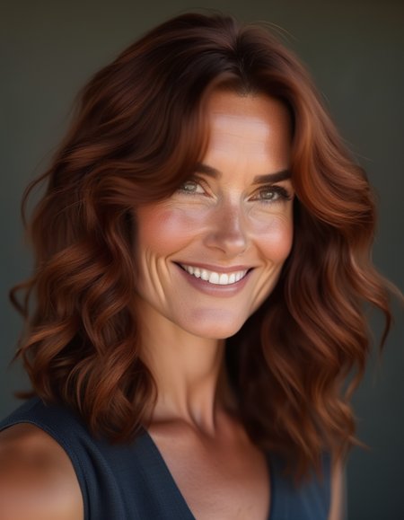 A striking portrait of a woman with shoulder-length, wavy auburn hair, her deep-set brown eyes reflecting a quiet strength, and a gentle, serene smile. <lora:usual-portrait-v2:1>
