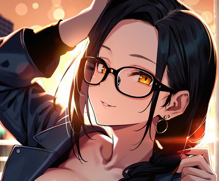 best quality, amazing quality, masterpiece, anime, 1girl, portrait, close-up, stylish glasses, black hair,