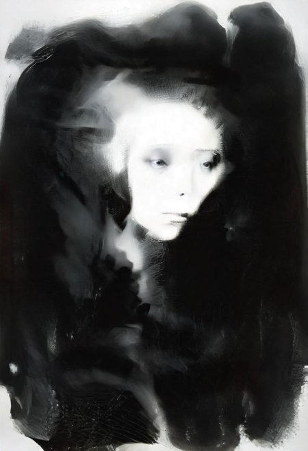 Monochrome black and white, Dali, Magritte, Delvaux, Bellmer, Malevitch, Rodchenko, Mondrian, Kandinsky, Popovna, psychedelic hallucination, pop surrealism, rough crosshatch drawing pop art Lunatic_Portrait of a young woman in latex Avant-garde Fashion page, slick back, low bun, black makeup, sinister expression, intense glare, avant-garde, abstract, weird, geometric, constructivism, suprematism, rayonism, verticism, lineism, tj