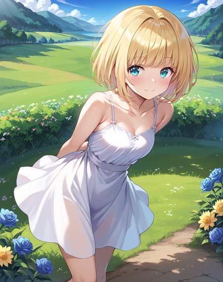 milinda_brantini, blonde hair, short hair, aqua eyes, sundress BREAK outdoors, grass field, flowers, sun BREAK arms behind back, smile, blush, looking at viewer BREAK score_9, score_8_up, score_7_up, source_anime ,zPDXL,<lora:milinda_brantini:0.8>