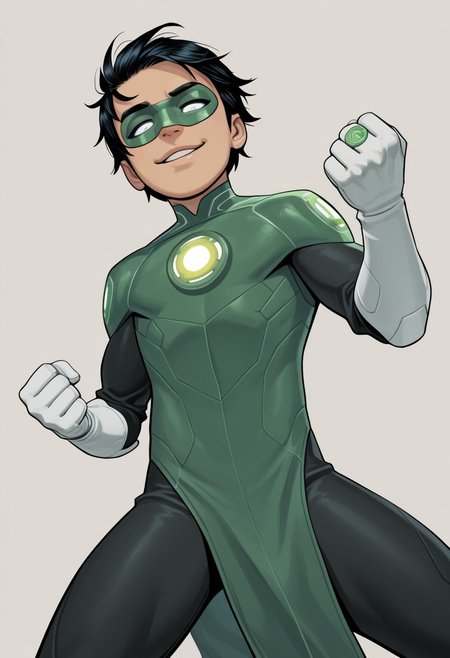 masterpiece, absurdres, high quality, perfect anatomy, 1boy, solo, cute boy, male focus, TaiPham, Black Hair, Green Lantern Ring, Green Lantern Costume, Green and Black body armor, Green Domino Mask, White Eyes, White Gloves, Pelvic Curtain, shortstack, upper body, mecha musume, dynamic, dynamic angle, ((solo)), mecha armor, looking at viewer, smug face, parted lips, dynamic pose, fighting stance, cinematic, intricately detailed illustration, depth of field, masterpiece, best quality, amazing quality, very aesthetic, absurdres, newest, very awa,  shadow, dynamic angle, casual cosplay, simple background,