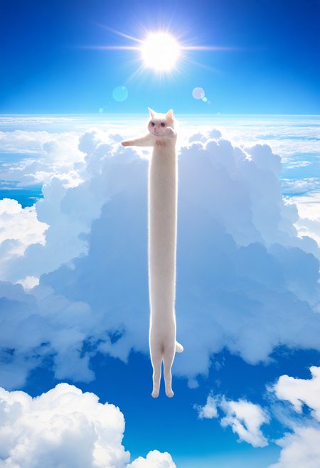 longcat (meme), no humans, cat, sun, above clouds, sky, cloud, day, animal focus, outdoors, lens flare, scenery, blue sky, ocean, horizon, sunlight, pointing, white cat, floating,  
masterpiece, best quality, amazing quality, very aesthetic, absurdres,
<lora:concept_longcat_Illustrious_V2L:1>
