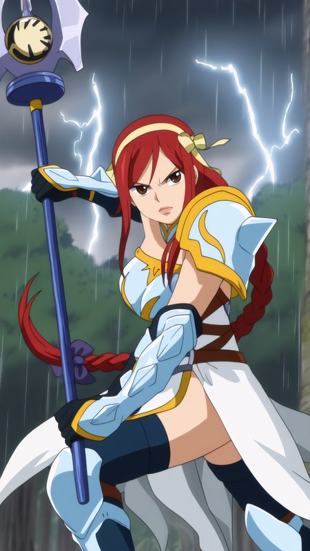 masterpiece, best quality, very aesthetic, absurdres, BREAK, 1girl, looking at viewer, cowboy shot, 
<lora:LightEmpress_Erza_Illu_Dwnsty:0.8>, erz_lightning, brown eyes, red hair, long hair, braided ponytail, hair bow, yellow hairband, hair ornament, hair ribbon, tattoo, armor, single braid, pauldrons, armored dress, black thighhighs, breastplate, gauntlets, armored boots, shoulder pads, shoulder spikes, 
large breasts, lips, holding polearm, fighting stance, serious, novel illustration, 
outdoors, blue sky, nature, forest, landscape, lightning, cloudy sky, dark theme, storm, wind, rain,