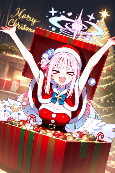 1girl,mika \(blue archive\),(santa costume:1.2),CHRC4ND7,gift box,in box,in container,red box,red ribbon,plaid box,striped box,christmas,christmas tree,merry christmas,jingle bell,open box,many candy,text,looking at viewer,dutch angle,indoors,upper body,xd,open mouth,happy,arms up,
masterpiece,best quality,newest,absurdres,highres,safe,<lora:ponyv5_noobV065S_1_adamW:0.6>,<lora:USNR STYLE_XL_loha:0.5>,<lora:illustrious_noobai_epsilon_pred_1_best_quality_v1:0.5>,<lora:Christmas_Candy:0.7>,<lora:giftbox_Illust_v1:0.8>,