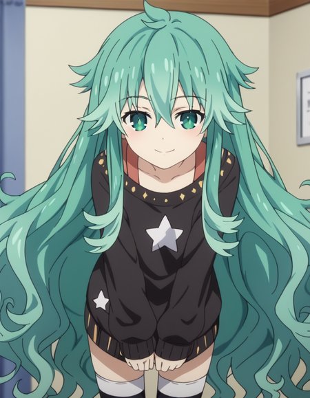 score_9, score_8_up, score_7_up, source_anime,
natsumikyouno,  <lora:natsumi-kyouno-s4s5-ponyxl-lora-nochekaiser:1>,
natsumi kyouno, long hair, very long hair, green hair, aqua hair, green eyes,
thighhighs, long sleeves, striped, star \(symbol\), sweater, striped thighhighs, star print,
indoors, bent over, smile,
looking at viewer, solo, cowboy shot, dutch angle,