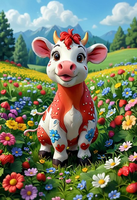 An adorable strawberry cow hybrid creature in a field of flowers, style-sylvamagic, j_cartoon