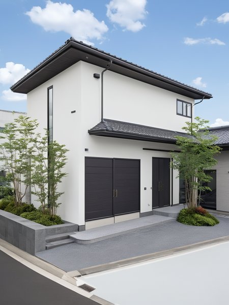 Architectural style Architectural style,  <lora:JJsJapaneseStyleHouse_XL:1>, ((Japanese Style House)),(masterpiece) , ((best quality)), dramatic lighting, high quality outdoors, sky, day, cloud, tree, blue sky, building, scenery, road, real world location,  sunlight, enough detail, high resolution,super realistic, Photorealistic, highly detailed, balcony, plants, door, car,  paving, , architectural drawing, highly detailed  ,  . Clean lines, geometric shapes, minimalist, modern, architectural drawing, highly detailed