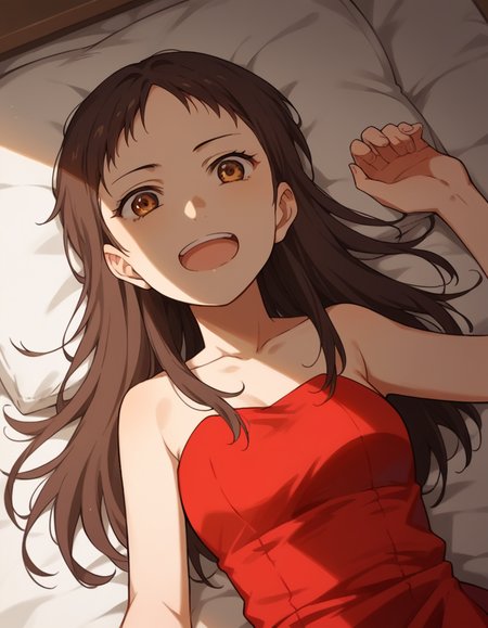 score_9, score_8_up, score_7_up, source_anime, <lora:emi-igawa-s1-ponyxl-lora-nochekaiser:1>,, emi igawa, long hair, brown eyes,, dress, red dress, collarbone, bare shoulders,, bedroom, alarm clock, morning routine, yawning, stretching, on bed,, smile, , arm resting on back of chair, solo,, cowboy shot, dutch angle