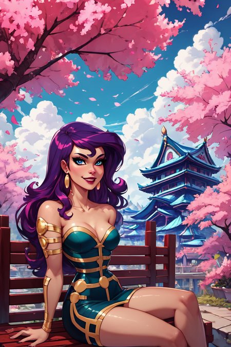 score_9, score_8_up, score_8, medium breasts, (curvy), cute, eyelashes,       BREAK, , ,,,    zzCirce, blue eyes, purple hair, long hair, bare shoulders, jewelry, earrings, makeup, lipstick, cleavage,  ,<lora:Circe_JLU_PDXL:1.0>,   ,,, , BREAK, sitting on bench, side view, smile, looking at viewer, cowboy shot,  ,,, BREAK, pnkBldng, sky, day, cloud, tree, blue sky, building, architecture, east asian architecture,  ,,, BREAK, embedding:zPDXL, Expressiveh,  ,,, <lora:PinkBuildingsPDXL_v2:0.6>, <lora:SDXLFaeTastic2400:0.5>, <lora:Expressive_H-000001:0.4>