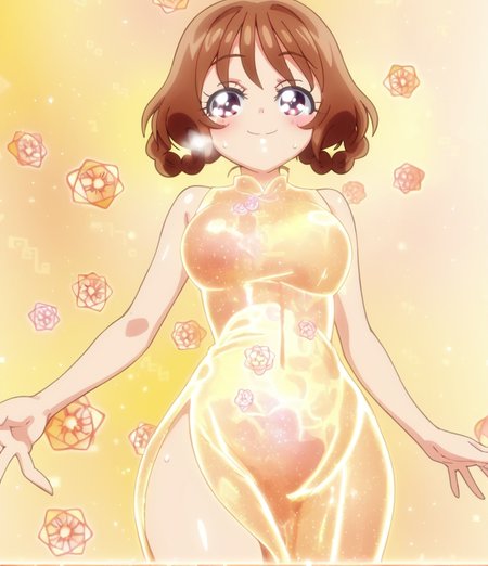 score 9, score 8 up, score 7 up, detailed background, shiny skin, 
<lora:cureyumyum.pony:1>,
hanaran, transform, 
 half-closed eyes, seductive smile, heavy blush, heavy breathing, sweat, 
large breasts, wide hips, pantyshot,