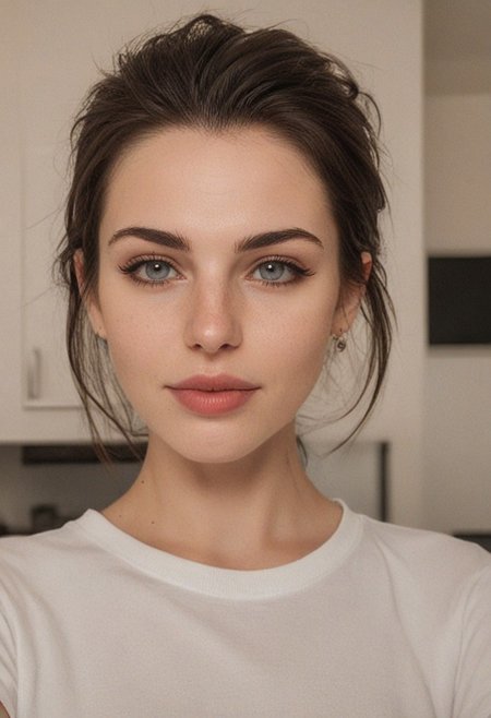 30yo woman wearing white shirt and yoga pants with white textures 
long black dark hair slick back and smooth. making a kiss face 
smile. Looking at camera. POV.
Dancing, moving, happy. 
Kitchen. Fully furnished.
Night time.