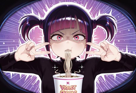lazypos, character focused, anime girl, twin pigtails, jagged bangs, intense expression, eating noodles, neon colors, high contrast, hot pink, violet shadows, stylized lighting, sketchy outlines, dynamic pose, glitch aesthetic, pop art, urban angst, dramatic shading, expressive posture, chaotic mood, emotional tension, atg_(wttoo0202)