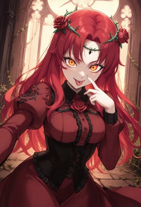 masterpiece, best quality, very aesthetic, absurdres, 1girl, solo, looking at viewer, smile, akanbe pose, index finger placed under one eye, tongue sticking out, red hair, long hair, glowing red-orange eyes, rust red dress, high collared burgundy shirt, long sleeves, rose patterns on puffy shoulder sleeves, collared dress, wide embroidered black lace collar with one large real red rose in the center, (black dead thorny circlet crown) of thorns on her head, corset with leather straps, thorny rose vines, detailed background, low-key, dark gothic castle interior, dynamic pose