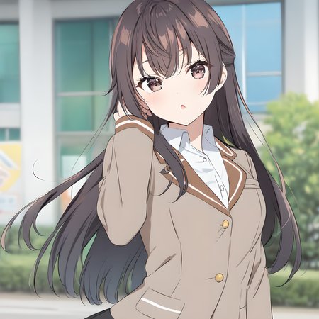 suou_yuki, brown hair, brown eyes, long hair, solo, 1girl, medium breasts, school uniform, skirt, jacket, :O, parted lips, looking at viewer, school background, <lora:XL-SuouYuki:1>
