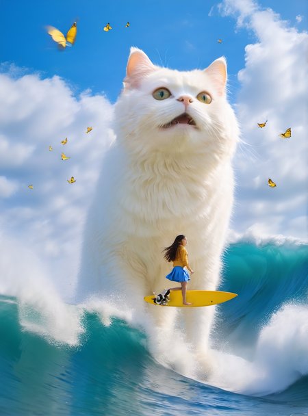 <lora:white cat è¿æV1.0-0008:1>,large white cat,a young girl,A happy black and white french bull cat surfing on a surfboard on a very high wave,, (masterpiece, best quality, highres:1.2),