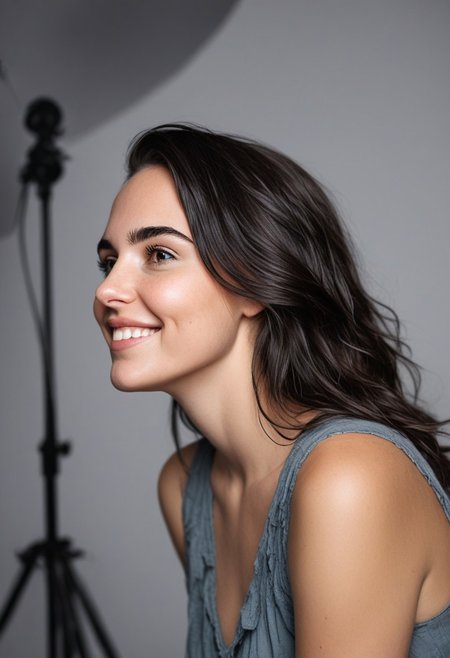 30yo american woman in a photostudio
Modeling High cut, high Quality Dress.
Slight makeup, heavy rimmel. Clear skin.  realistic skin style
Black dark Long messy stylish hair. 
Shooting light, indors, cable light
Studio background.
Smiling, with mouth closed. Smirk.
Bokeh. Heavy Bokeh light.
Tilt head, hand on hair. Shy.