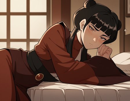 score_9, score_8_up, score_7_up, source_anime, <lora:mai-book2-ponyxl-lora-nochekaiser:1>, mai, sidelocks, long hair, black hair, lunt bangs, hair bun, double bun,, chinese clothes, turtleneck, long sleeves, wide sleeves,, indoors, bed, bed room, on side, blush, drunk, looking at viewer, solo, cowboy shot, dutch angle
