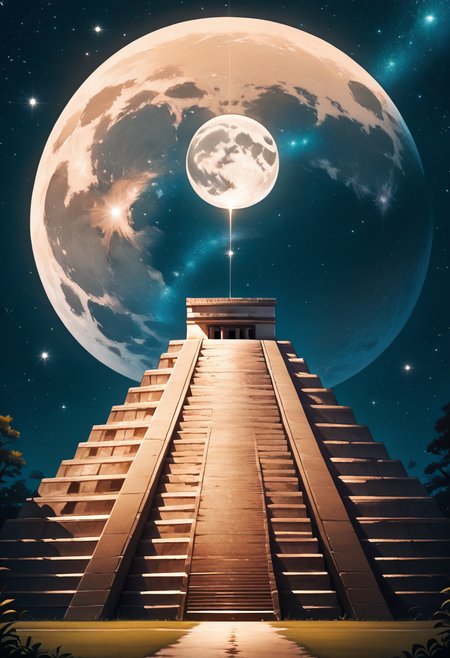masterpiece, best quality, no humans,   Ch1chen, no humans, night, moon, star (sky), night sky, full moon, starry sky, ,<lora:ChichenItza_IXL_v1:1.0>,