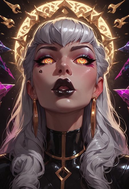 score_9_up, score_8_up, score_7_up 1girls, latex bodysuit, massive breasts, plump lips, black lipstick,bimbo, ((spiral_background)), hypnosis, 
kda evelynn from league of legend, white hair,long hair, golden glow eye, gold earrings, blacked, quinn of spades, front view, breasts focus,
