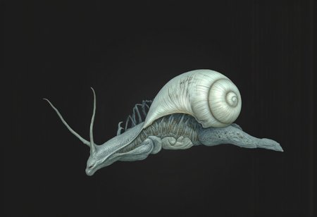 This creature presents a fusion of snake human head and snail features. Its core design revolves around a serpentine body integrated with a shell. the creature appears ethereal and luminous, with a pearl-like, almost celestial shell and a pale, ghostly body. 
Set against a solid dark black color background to emphasize its unsettling unnatural form that emphasizes its silhouette. The medium is not a traditional painting or illustrative medium like watercolor or ink but rather a digital 3D rendering.
MikeFranchinastyle, d4artstyle, d4concept, , bbstyle,, horror theme,, zbrush, ZBClay model of a gray sculpture, 1990's, 1990's style