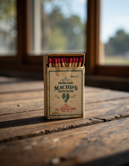 Macro photography of a vintage matchbox, slightly worn label details, positioned on a rustic wooden table, shallow depth of field emphasizing textures, natural window light casting subtle shadows, 50mm lens, f/2.8 aperture.