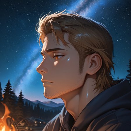 masterpiece, best quality, amazing quality, absurdres, newest, detailed background, definition so sharp, Ultra-HD, 8K cinematic, very awa, impressionate, amazing quality, highres, 
solo, male focus, manly, shadow, shiny skin,
ekusoushizumu, ekusou_brunette, ekusou_orange eyes, 1boy, short hair, sideburns, stubble, night_sky, stars, stargazing, milky_way, astronomy, calm_night, cool_colors, moonlight, contemplative, sense_of_wonder, peaceful, outdoor, camp_fire, deep_thought