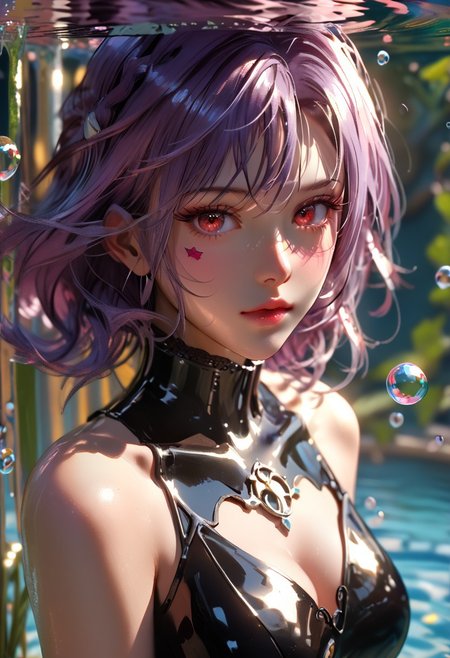 score_9, score_8_up, score_7_up, score_6_up, score_5_up, score_4_up, masterpiece, best quality, raytracing, absurdres, high definition, perfect details, depth of field, good composition, spectacular, volumetric dark lighting, dramatic lighting, absurd, raytracing, 3>lora in weight of: 1.5 + detailed eyes, ((detailed face)), (linear hatching, cel shading, hds style), extremely bright rays of light, dark lighting, majestic, divinity, 
BREAK
Submerged underwater, light rays through water, water bubbles, air bubbles, underwater, water, 
BREAK 
perfect face, mature, female, purple hair, metallic hair, metal, red eyes, 1girl, solo, sexy, smooth body, cyber Dystopian, shadowrun, Enigmatic woman draped in shadows, beautiful, wearing detailed, black dress adorned with lace, full body, full body in view, (Partially obscured face, revealing only piercing eyes adorned with kohl.arcane energy aura), sexy body, cowboy shot, masterpiece, ultra-detailed, semi-realistic, kohl.arcane imbued eyes,  (cowboy shot, portrait), full lips, sparkles in air, complicated background,