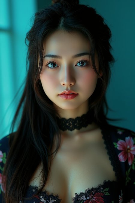 [1]a stunning real medium breasts Korean woman with long, flowing dark hair, her piercing gaze directly addressing the viewer. score_9, score_8_up, score_7_up, 4k, high quality, (best quality:1.1), realistic, photorealistic, close-up, upper body, (ultra HD quality details), High Fashion, A highly detailed, realistic digital photo of a Korean woman 28yo with a pale complexion, emphasizing her enigmatic and mystical aura,, high resolution, rich textures, and contemplative mood. Her eyes are a deep piercing and  brown, dynamic, dramatic, haute couture, elegant, ornate clothing, dark straight hair in an elegant updo with a few loose strands framing her face, wearing a high-collared garment with floral patterns in a dark, against a cyan gradient background, 
