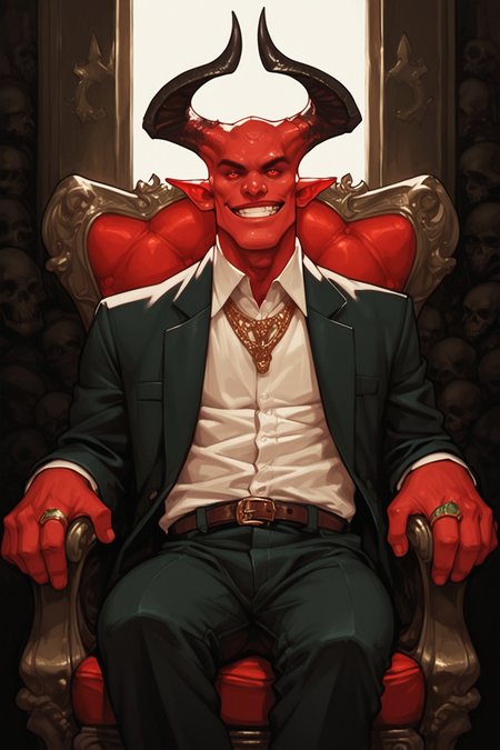 1boy, ring, male focus, jewelry, solo, sitting, skull, money, necklace, red eyes, colored skin, staff, smile, suit, green skin, formal, grin, looking at viewer, multiple rings, throne, pants, chair, banknote, gold, jacket, shirt, evil smile, zPDXL3, detailxl,  Score_PnyReal