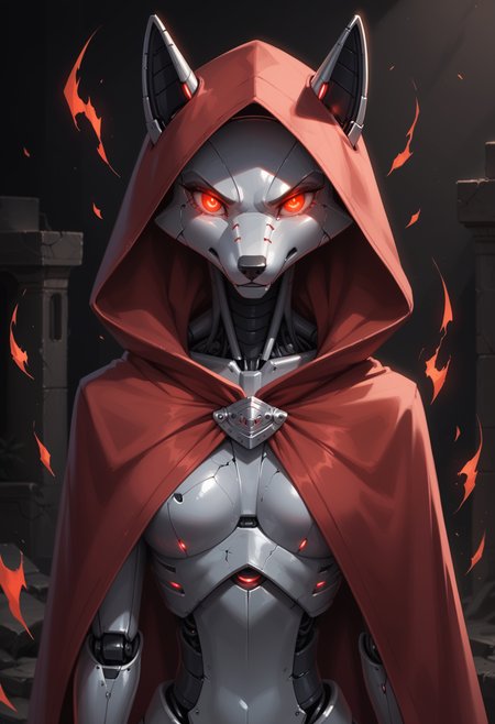 score_9, score_8_up, score_7_up, source_furry, high quality, perfection, detailed, aesthetic,
ruins, shattered, dark room, black background,
1girl, solo,
anthro, metallic body, beautiful girl, cute girl, adult, youthful, beautiful face, beautiful eyes, perfect eyes, detailed eyes,
(robot fox:1.2), red eyes, (no hair, hairless, bald), glowing eyes, claws,
red cloak, hooded cloak,
hatred, rage, anger, energies from eyes, energies bursting forth, (red aura:1.2), menacing,