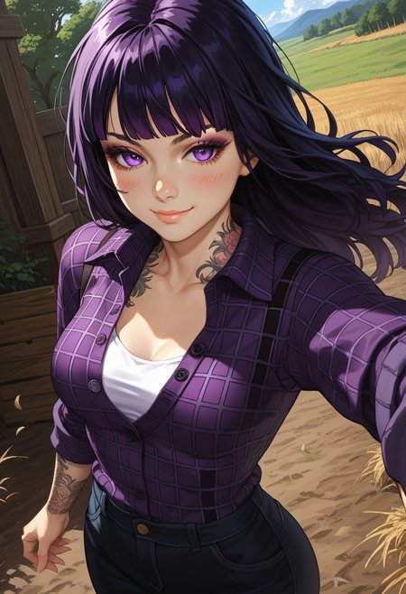 (score_9, score_8_up, score_7_up), 
(dutch angle, upper body:1.4),
1girl, solo, black hair, detailed eyes, purple eyes, long hair,  straight bangs, medium breasts, (goth, wide hips:1.1),  eyeshadow, jeans,  hime cut, (rolled up sleeves:1.2),
(tattoo, tattooed arm, flannel shirt, unbuttoned, purple shirt, white tanktop:1.2), nature, outdoors, farm, blush, wind, windy hair, full body shot, from above, smug