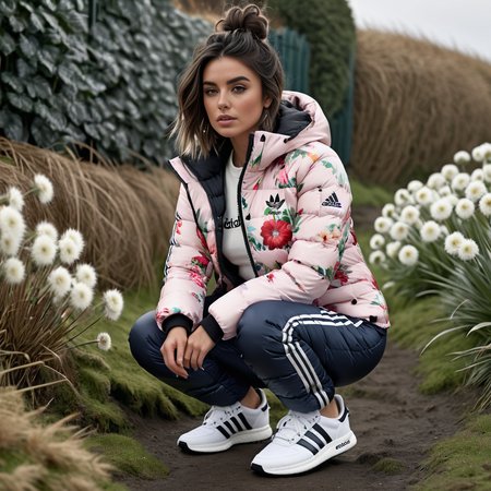 (full body shot| ) (dark cinematic still, dark vibes) cute british woman ,unique, wearing  floral snowpants and floral adidas_puffer_jacket,  unique hair styles, 8k uhd, dslr, high quality, photorealistic, realism, hyperrealism,((squatting scene)), outdoors
 <lora:snowpants_v1-000003:0.4>
 <lora:adidas_puffer_jacket_v1:0.7>